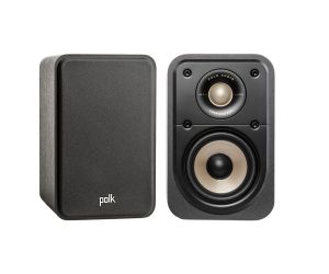 Polk Audio ES10 Signature Elite Bookshelf Speakers Pair Black, Left Speaker with Grille Front View, Right Speaker Front View