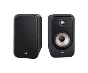 Polk Audio ES20 Signature Elite Series Bookshelf Speakers Pair Black, Left Speaker with anti-diffraction magnetic grilles for minimal sonic interference, Right Speaker in Front View