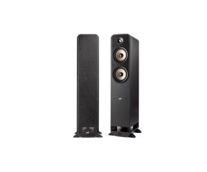 Polk Audio ES55 Signature Elite Series Floorstanding Speakers Pair Black, Left Speaker in Rear View, Right Speaker in Front View